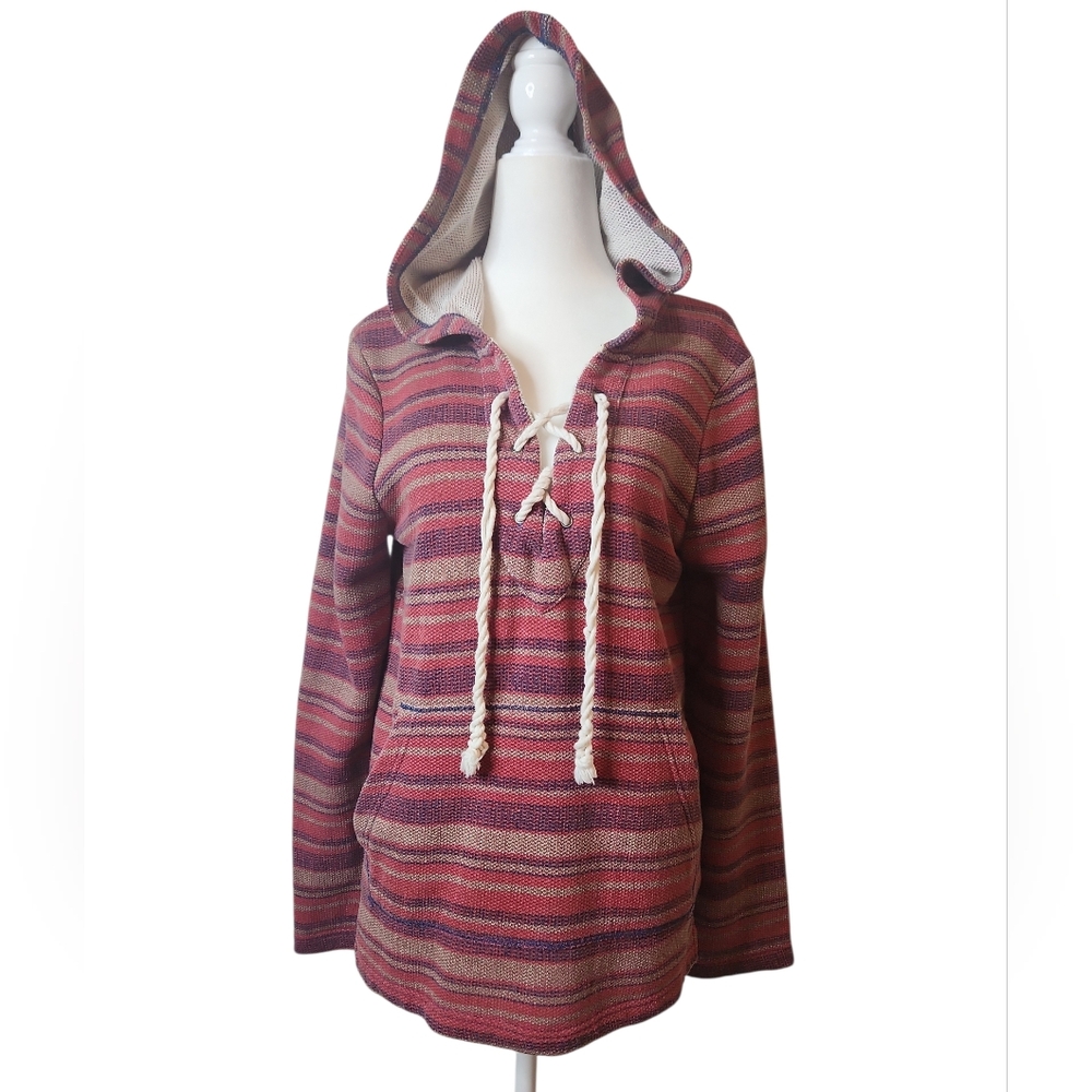 Hurley Baja Unisex Striped LaceUp Beach Kangaroo Pocket Pullover Size M